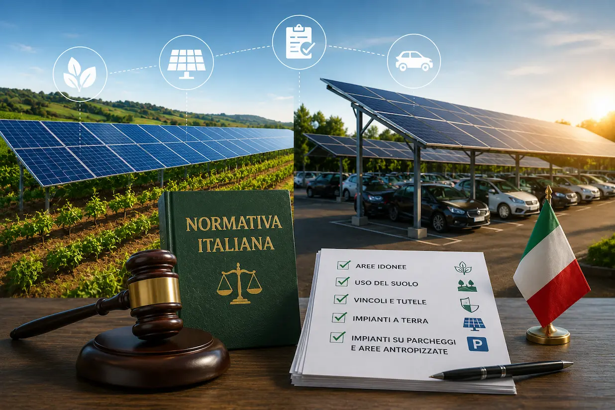 esempi di campi coperti da pannelli fotovoltaici e di parcheggi Fotovoltaico sui campi o nei parcheggi.