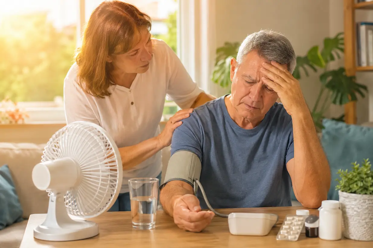 Pressione bassa e caldo: misuratore di pressione e confezione di farmaci su un tavolo in una giornata estiva Pressione bassa e caldo, cosa succede a chi assume farmaci per l'ipertensione