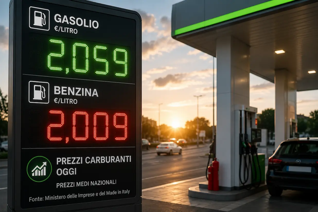 Prezzi carburanti oggi 17 luglio 2026, colonnina self service con benzina e gasolio Prezzi carburanti oggi 17 luglio 2026