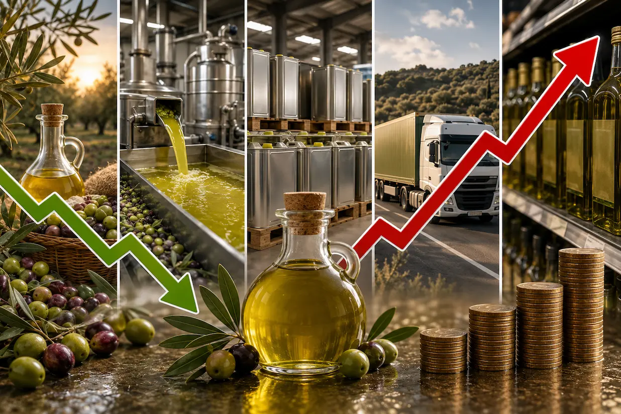 Prezzo dell'olio di oliva 2026 tra frantoio, ingrosso e scaffale del supermercato Prezzo dell'olio di oliva in Italia nel 2026