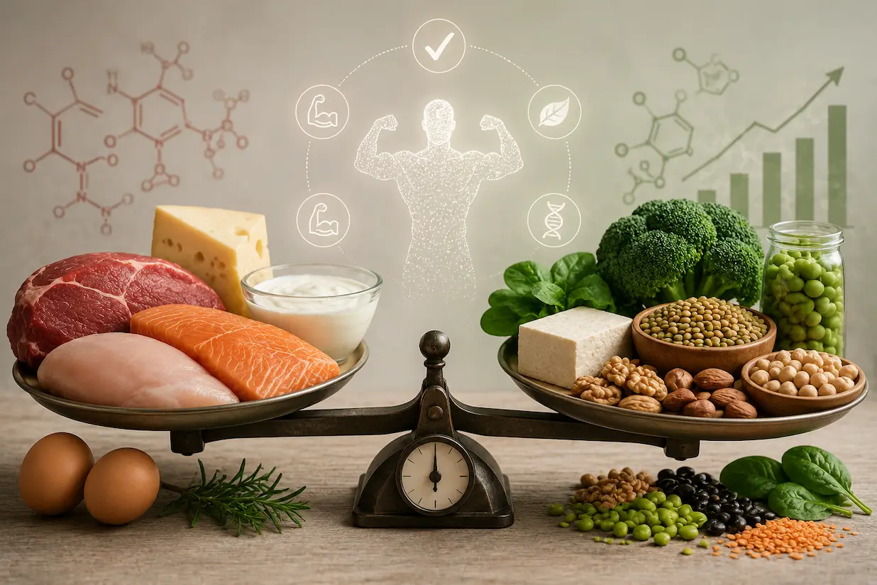 fonti di proteine animali e vegetali a confronto su un tavolo Proteine animali o vegetali