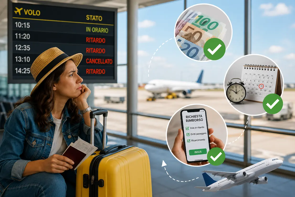 tabellone aeroportuale che segnala un volo in ritardo con passeggeri in attesa al gate Volo in ritardo: rimborso e diritti del passeggero
